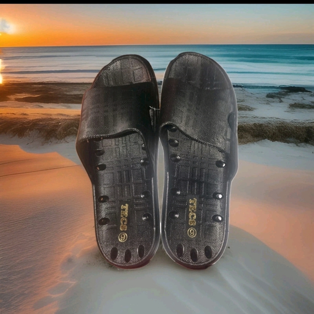 TECS Womens's Pvc Slide Sandels Black Sz 9
